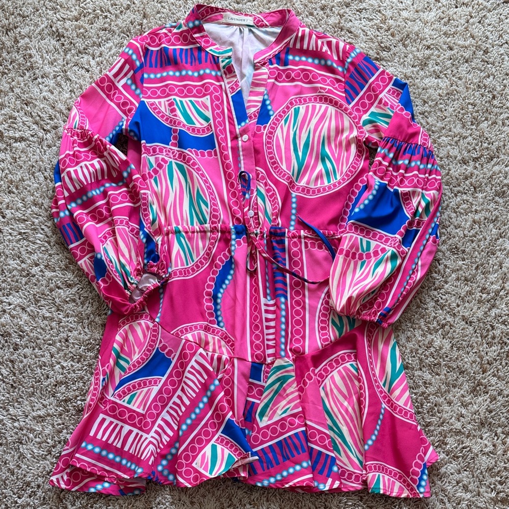 Vibrant Pink and Blue Long Sleeve Dress - Picture 2 of 8